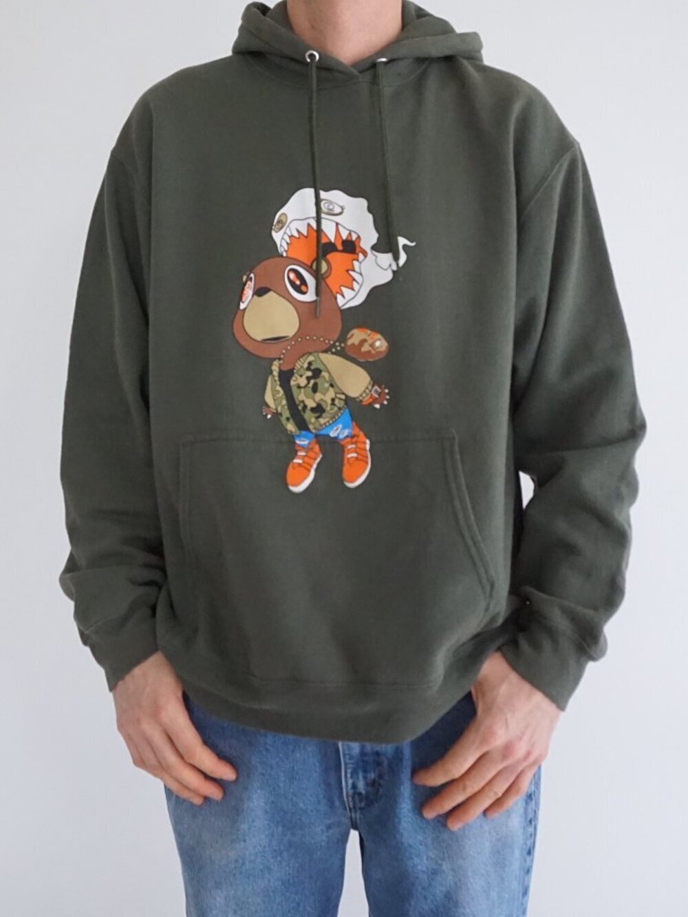 Olive Bear Graphic Streetwear Hip Hop Pullover Pocket Urban Hoodie Unbranded L
